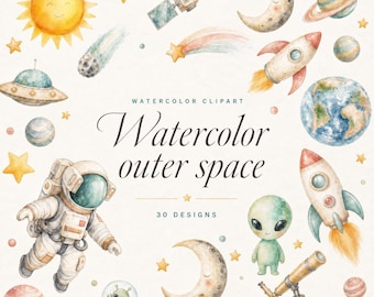 30 Watercolor Outer Space Clipart | Astronaut PNG Bundle | Nursery Galaxy Planets Rocket | Digital Download