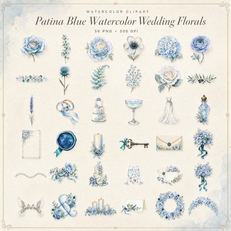 WonderfulPNG enhanced bundle grid preview page 1 of 1 — patina-blue-watercolor-wedding-clipart-icy-teal-florals-opalescent-botanicals-romantic-invite-suite