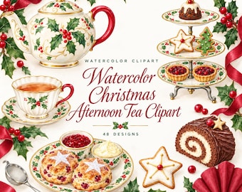 May include: Watercolor Christmas Afternoon Tea Clipart set featuring a teapot, teacup, three-tier stand with desserts, scones with jam and cream, a chocolate roll, star cookies, and holly sprigs with red ribbons. Text reads Watercolor Christmas Afternoon Tea Clipart 48 Designs.