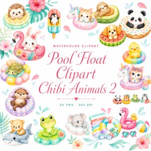 Peut inclure: Ensemble d'illustrations à l'aquarelle représentant des animaux chibi sur des bouées, incluant un hérisson sur une tranche de citron, un pingouin en glace, un chaton sur une licorne, un paresseux sur un avocat et un panda sur un beignet.
