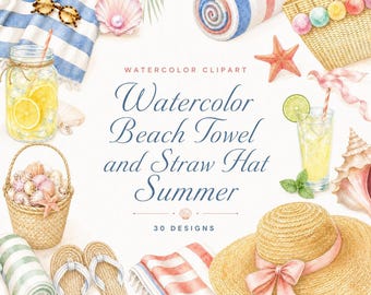 30 imágenes prediseñadas de verano de toallas de playa y sombreros de paja en acuarela | Paquete PNG de playa | Verano de perlas y conchas costeras 2026 | Descarga digital