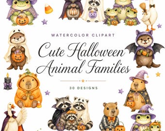 Watercolor Halloween Animal Families Clipart Bundle with 30 PNG Designs