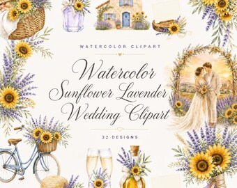 32 Watercolor Sunflower Lavender Wedding Clipart | Provence PNG Bundle | Rustic Summer Invitations | Digital Download