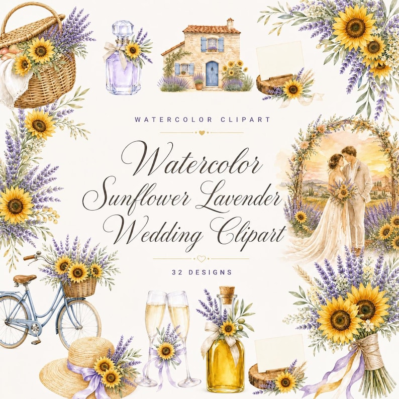 watercolor sunflower lavender wedding clipart