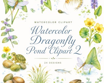 Aquarell-Libellenteich-Cliparts, 2er-Pack für sommerliche Naturbastelarbeiten