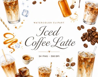 24 Watercolor Iced Coffee Latte Clipart | Coffee Drink PNG Bundle | Cafe Menu Planner Stickers | Digital Download