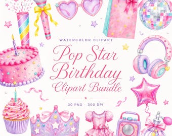 Paquete de 30 imágenes prediseñadas de fiesta de cumpleaños de chica pop para invitaciones y decoraciones