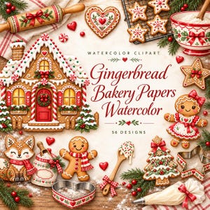 Puede incluir: Set de imágenes prediseñadas en acuarela con casa de jengibre, galletas, zorro y utensilios de repostería. Texto: WATERCOLOR CLIPART Gingerbread Bakery Papers Watercolor 56 DESIGNS. Incluye galletas en forma de corazón, estrella y árbol.