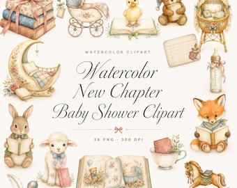 36 Watercolor New Chapter Baby Shower Clipart Bundle