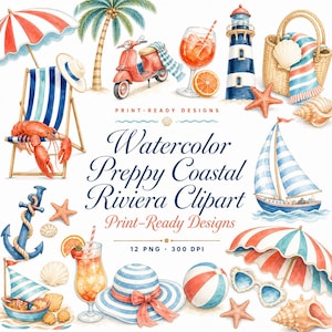watercolor preppy coastal PNG design bundle