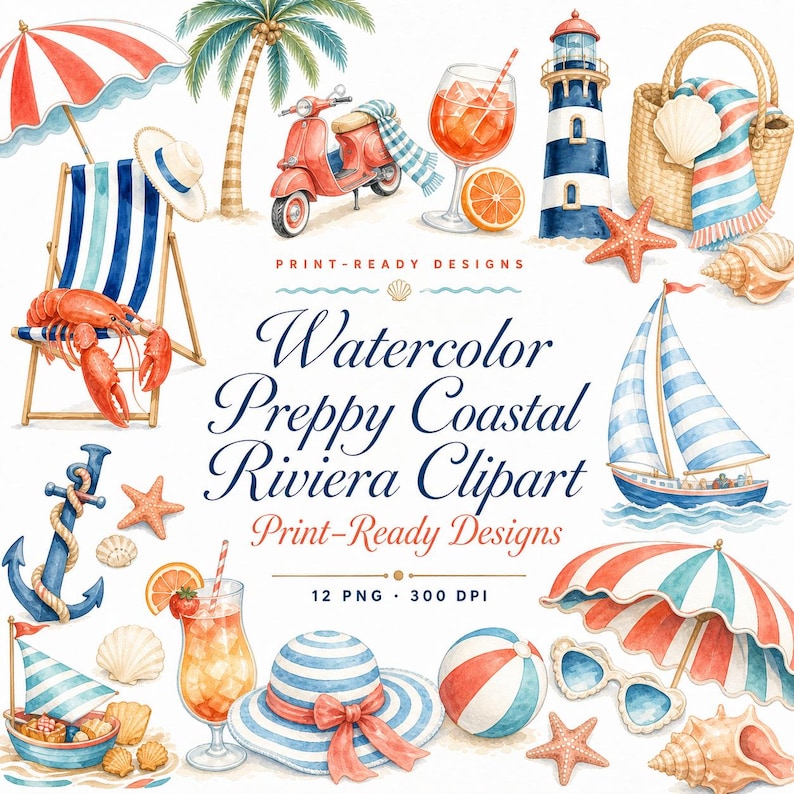 watercolor preppy coastal PNG design bundle
