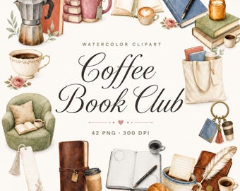 42 imágenes prediseñadas de acuarela para clubes de lectura y café | Paquete PNG para amantes de los libros | Arte para cafeterías y diarios de lectura | Descarga digital