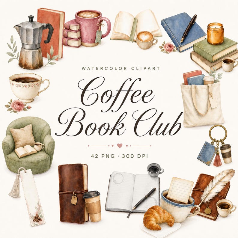 watercolor coffee book club clipart
