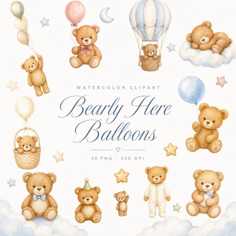 watercolor teddy bear balloon clipart bundle