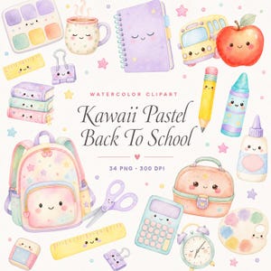 Peut inclure: Une collection de fournitures scolaires à l'aquarelle comprenant un sac à dos, un carnet, une boîte à lunch, une calculatrice, un réveil, une pomme, un bus, des ciseaux, des règles, de la colle, un crayon, un crayon de cire et une palette.