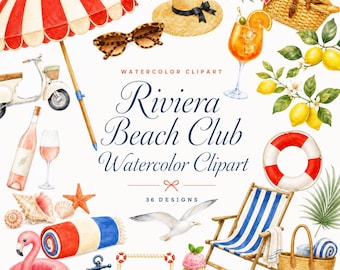 36 imágenes prediseñadas de Riviera Beach Club en acuarela | Paquete PNG de verano costero | Estética náutica mediterránea | Descarga digital