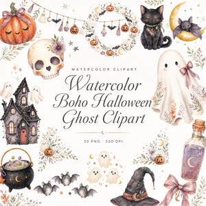 30 Watercolor Boho Halloween Ghost Clipart | Cute Spooky PNG Bundle | Witchy October Crafts | Instant Download