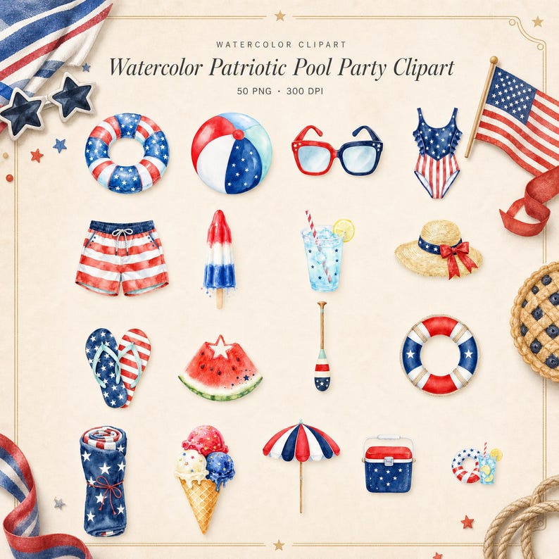 WonderfulPNG enhanced bundle grid preview page 1 of 3 — watercolor-patriotic-pool-party-chibi-clipart