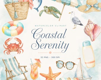 32 Watercolor Coastal Serenity Summer Clipart Bundle