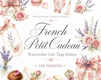 136 French PNG Petit Cadeau Watercolor Gift | Transparent PNG Bundle Clipart 4K | Digital Download
