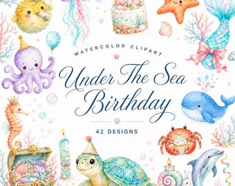42 Watercolor Under the Sea Birthday Clipart | Ocean Party PNG Bundle | Mermaid Sea Life Invites | Digital Download