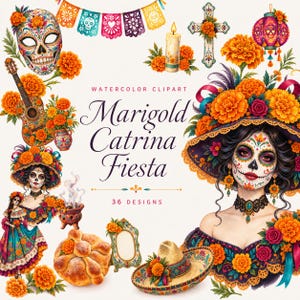Könnte beinhalten: Aquarell-Clipart-Set mit dem Titel Marigold Catrina Fiesta mit 36 Designs, darunter Zuckerschädel, Ringelblumen, eine Gitarre, ein Kreuz, eine Kerze, ein Pan de Muerto, ein Strohhut und Illustrationen von Catrina-Figuren mit Blumen-Make-up.