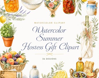 36 Watercolor Summer Hostess Gift Clipart PNG | French Dinner Party PNG Bundle | Wine Lemon Table Decor | Digital Download