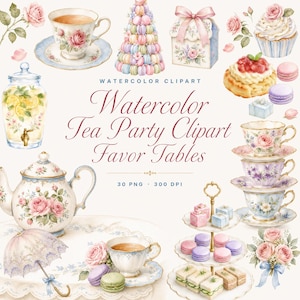 Peut inclure: Illustrations à l'aquarelle d'éléments de tea party comprenant une théière florale, des tasses, une tour de macarons, un présentoir à desserts avec des sandwichs, un distributeur de limonade, un cupcake et une ombrelle avec le texte Watercolor Tea Party Clipart.
