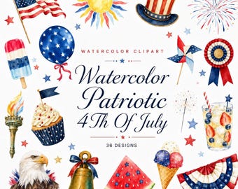 36 patriotische Aquarell-Motive zum 4. Juli | Clipart-PNG-Bundle | Party zum Unabhängigkeitstag | Digitaler Download