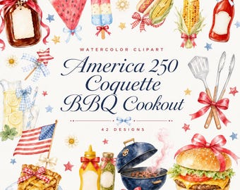 42 America 250 Coquette BBQ Cookout Clipart | Patriotic 4th of July PNG Bundle | Coquette Cookout Burger Grill | Digital Download