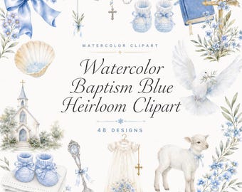 48 Watercolor Baptism Blue Heirloom Clipart | Christening PNG Bundle | Baby Boy Religious Keepsake | Digital Download
