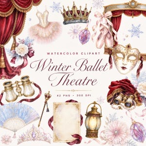 Peut inclure: Une collection d'illustrations à l'aquarelle intitulée Winter Ballet Theatre comprenant un tutu rose, une couronne dorée, des chaussons de danse, un masque vénitien, des jumelles, un éventail, un sceptre, une lanterne et des fleurs avec rideaux rouges.