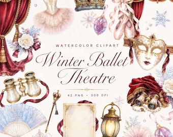 Watercolor Nutcracker Ballet Theater Clipart Bundle, 42 Stage Designs