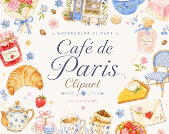 36 Cafe de Paris Clipart | Watercolor PNG Bundle | French Cafe Pastry Art | Digital Download