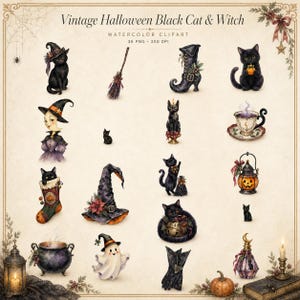 WonderfulPNG enhanced bundle grid preview page 1 of 2 — vintage-halloween-black-cat-witch
