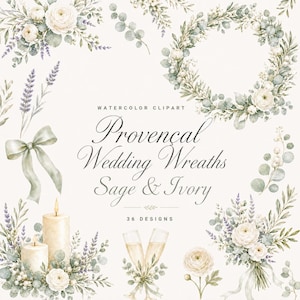 36 Provençal Wedding Wreaths Sage & Ivory | Watercolor PNG Bundle | Eucalyptus Invitation Frames | Digital Download