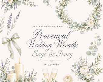 36 Provencal Wedding Wreaths Sage & Ivory | Watercolor PNG Bundle | Eucalyptus Invitation Frames | Digital Download