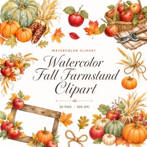 Può includere: Set di clipart ad acquerello con zucche, mele rosse in un cesto di vimini, mais essiccato, steli di grano, foglie d'acero e una cornice in legno. Il testo recita Watercolor Clipart, Watercolor Fall Farmstand Clipart, 30 PNG, 300 DPI.