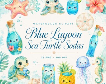 32 Watercolor Sea Turtle Soda Clipart Bundle