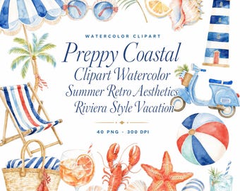 Op de afbeelding: Een verzameling aquarelillustraties met een blauw-wit gestreepte strandparasol, zonnebril, vuurtoren, strandstoel, scooter, strandbal, rieten tas, kreeft, zeester, schelpen en citruscocktails.