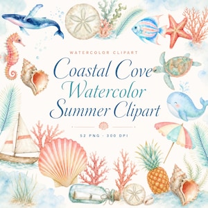 Peut inclure: Clipart aquarelle sur le thème côtier, avec des illustrations de la vie marine. Comprend une baleine, un hippocampe, un poisson, une étoile de mer et une tortue. Le texte indique "Coastal Cove Watercolor Summer Clipart".