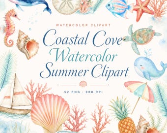Op de afbeelding: Waterverf clipart met een kustthema, met illustraties van het zeeleven. Bevat een walvis, zeepaardje, vis, zeester en schildpad. De tekst luidt "Coastal Cove Watercolor Summer Clipart".
