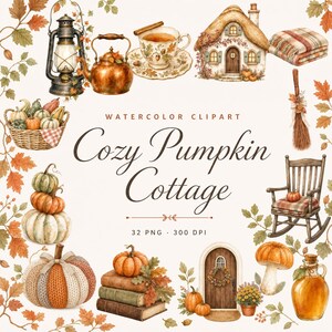Peut inclure: Ensemble de cliparts à l'aquarelle intitulé Cozy Pumpkin Cottage présentant des éléments d'automne : lanterne, bouilloire en cuivre, tasse, chaumière, couverture à carreaux, panier de citrouilles, balai, chaise à bascule, livres, porte, champignon et bocal.