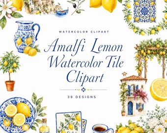 39 Amalfi Lemon Watercolor Tile Clipart | Mediterranean PNG Bundle | Italian Summer Wedding Majolica | Digital Download