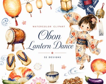 32 Watercolor Obon Lantern Dance Clipart | Japanese Festival PNG Bundle | Chibi Bon Odori Lanterns | Digital Download