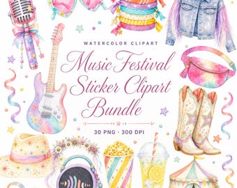 Paquete de imágenes prediseñadas en acuarela de festivales de música de verano para pegatinas e invitaciones.