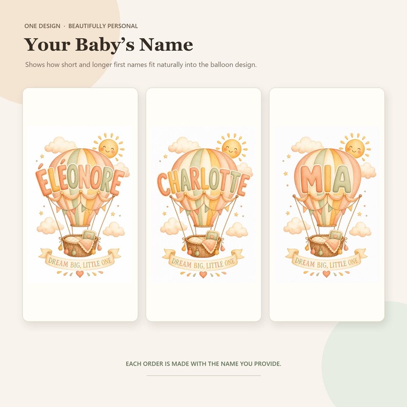 The same personalized design shown with several real name examples
