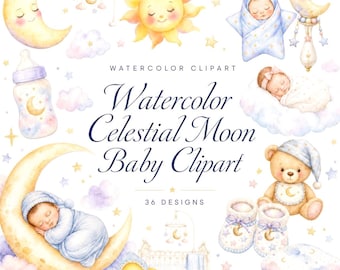 36 clipart di luna celeste ad acquerello per neonati | Pacchetto PNG per cameretta | Luna e stelle per baby shower | Download digitale