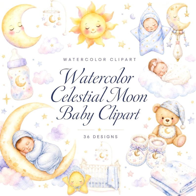 watercolor celestial moon baby clipart