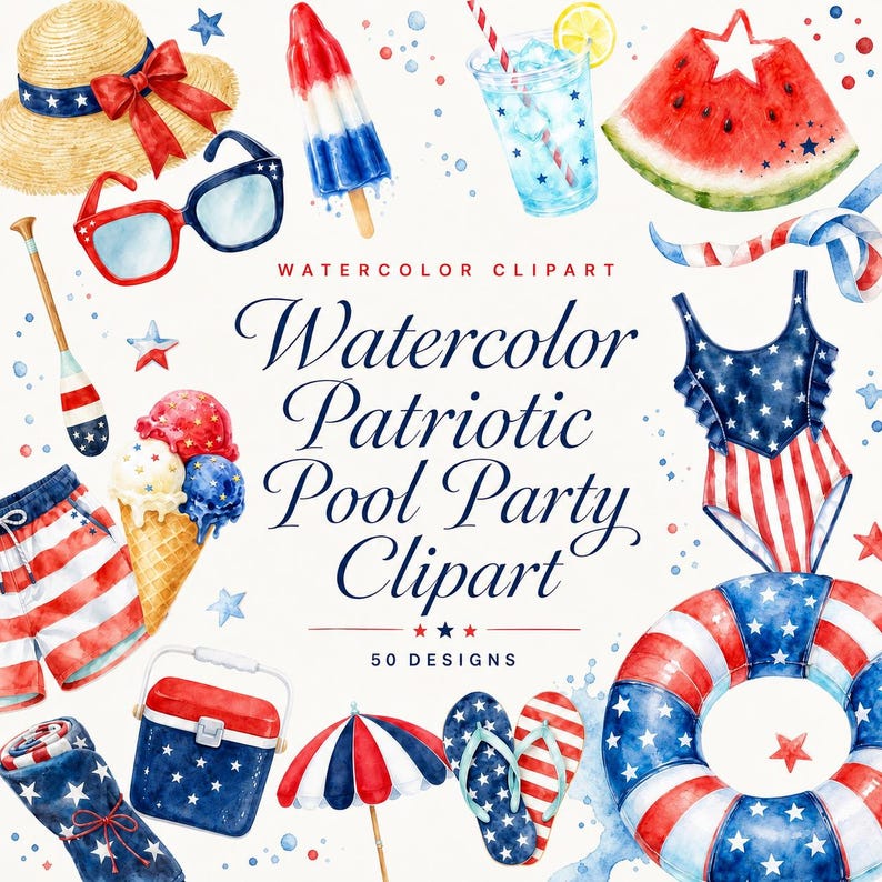patriotic pool party watercolor clipart
